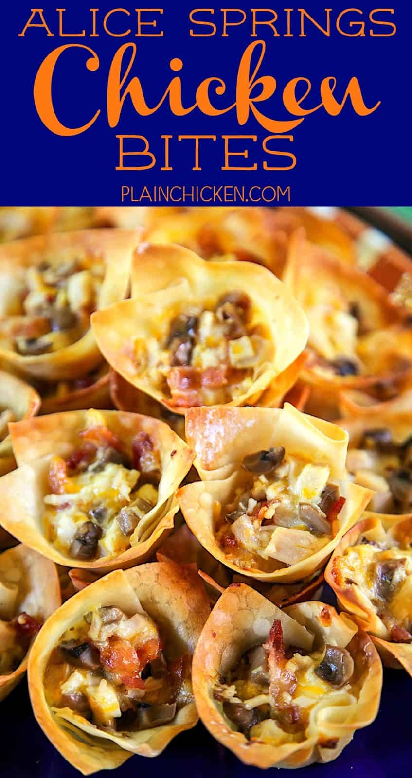 Alice Springs Chicken Bites - chicken, bacon, honey mustard, cheese and mushrooms baked in wonton wrappers. SO good! Can make ahead and bake later. Great for parties and tailgating. These are always the first thing to go!!