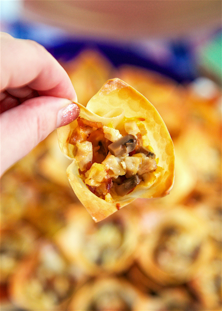 Alice Springs Chicken Bites - chicken, bacon, honey mustard, cheese and mushrooms baked in wonton wrappers. SO good! Can make ahead and bake later. Great for parties and tailgating. These are always the first thing to go!!
