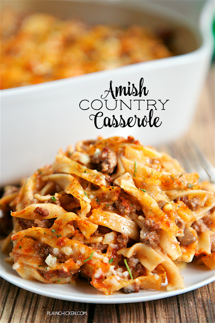 Amish Country Casserole - comfort food at its best!! Hamburger, Tomato soup, cream of mushroom, onion, garlic, milk, Worcestershire sauce, egg noodles and parmesan cheese. SO simple and tastes amazing! Everyone cleaned their plate!!! Makes a great freezer meal for an easy weeknight dinner.