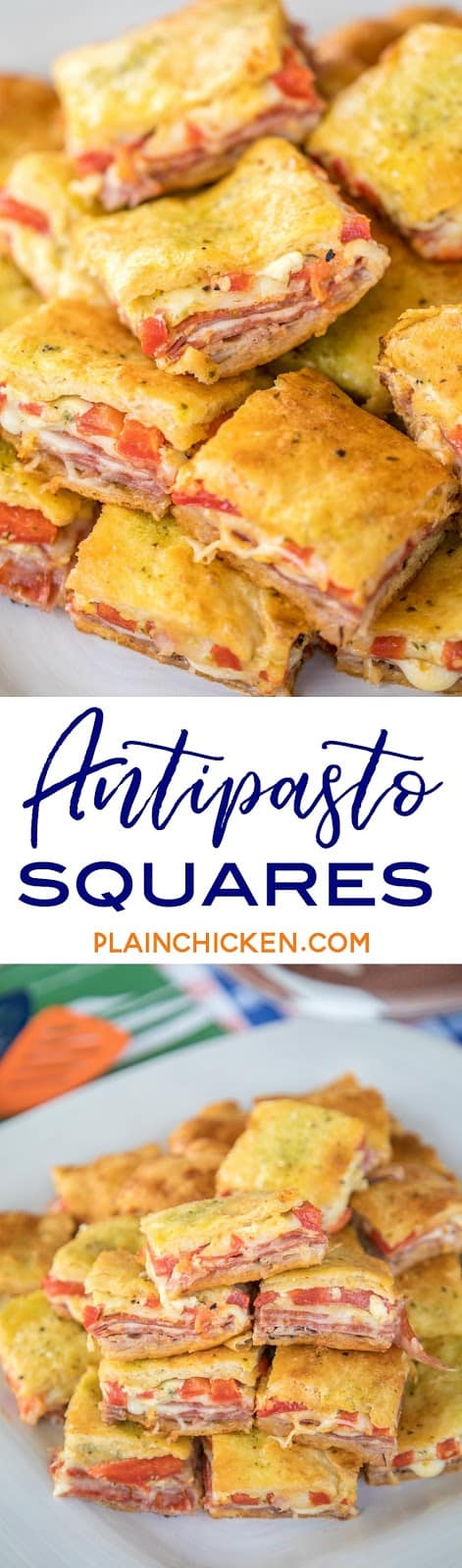 Antipasto Squares recipe - SO GOOD!! Crescent rolls stuffed with ham, salami, pepperoni, provolone, swiss, and roasted red peppers. then topped with a parmesan cheese, egg and pesto mixture and baked. These things are ridiculously good!!! There are never any leftovers when I take these to party! #appetizer #partyfood #crescentrolls