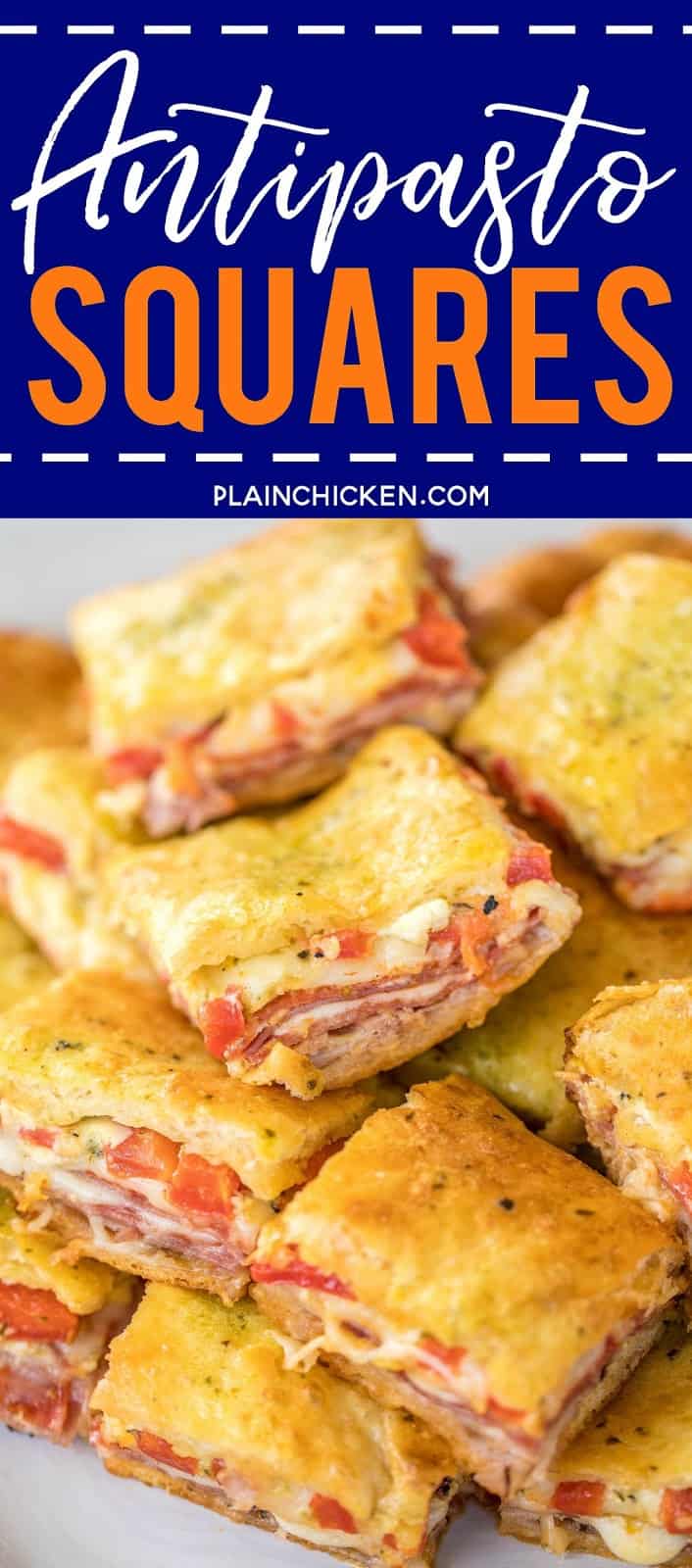 Antipasto Squares recipe - SO GOOD!! Crescent rolls stuffed with ham, salami, pepperoni, provolone, swiss, and roasted red peppers. then topped with a parmesan cheese, egg and pesto mixture and baked. These things are ridiculously good!!! There are never any leftovers when I take these to party! #appetizer #partyfood #crescentrolls