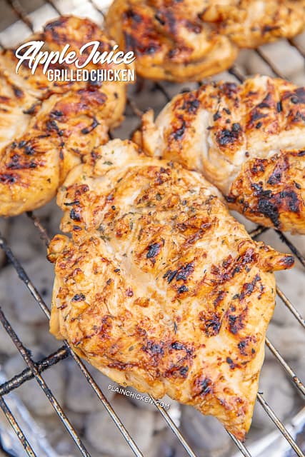 Apple Juice Grilled Chicken - so juicy and packed full of amazing flavor!! Chicken marinated in apple juice, brown sugar, soy sauce, lemon juice and garlic. SO simple and SOOO delicious!! We ate this twice in one day! Leftovers are great chopped up on a salad or in a wrap. Grill up a double batch today for easy meal prep all week! YUM! #grilling #chicken #grilledchicken #marinade
