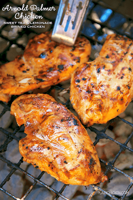 Arnold Palmer Chicken {Sweet Tea and Lemonade Brined Chicken} - let the chicken sit in the brine overnight and then grill. SO good! Tons of great flavor! This gets requested weekly at our house. It is definitely a new favorite! 