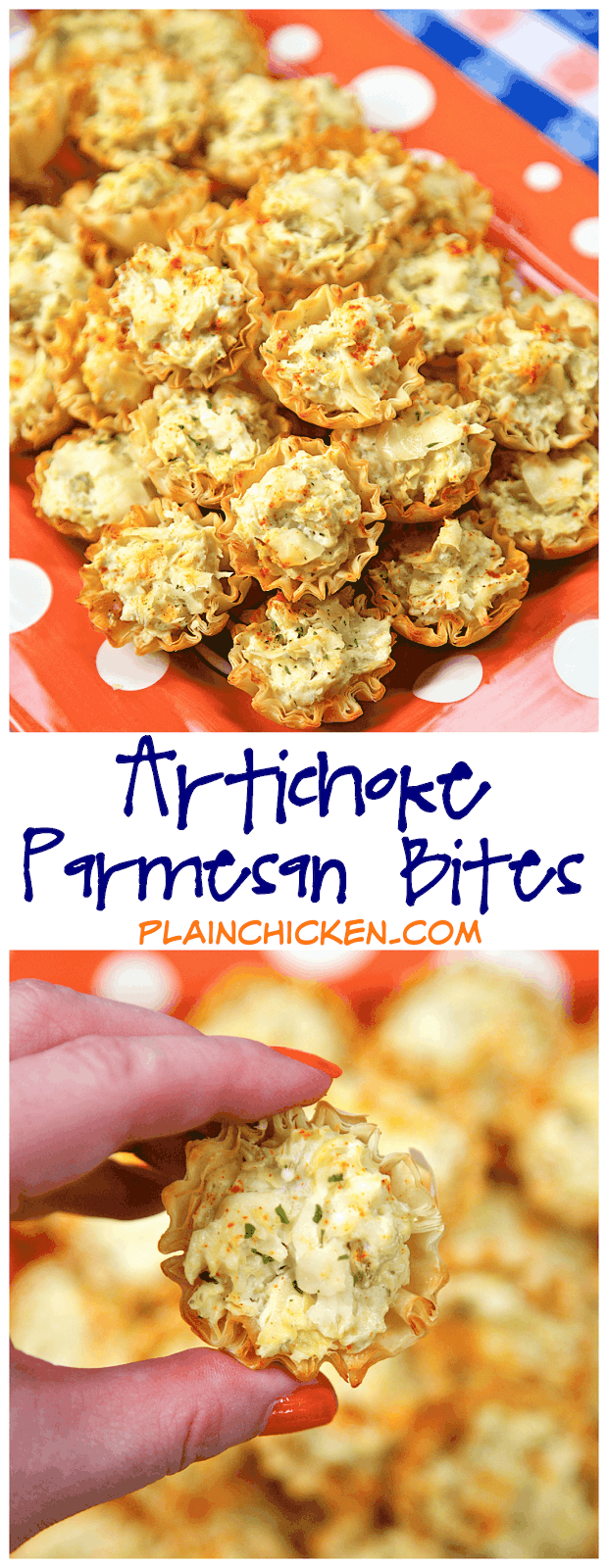 Artichoke Parmesan Bites - only 5 ingredients! Can make ahead of time and refrigerate or freeze for later. Great for parties! We could not stop eating these. YUM!