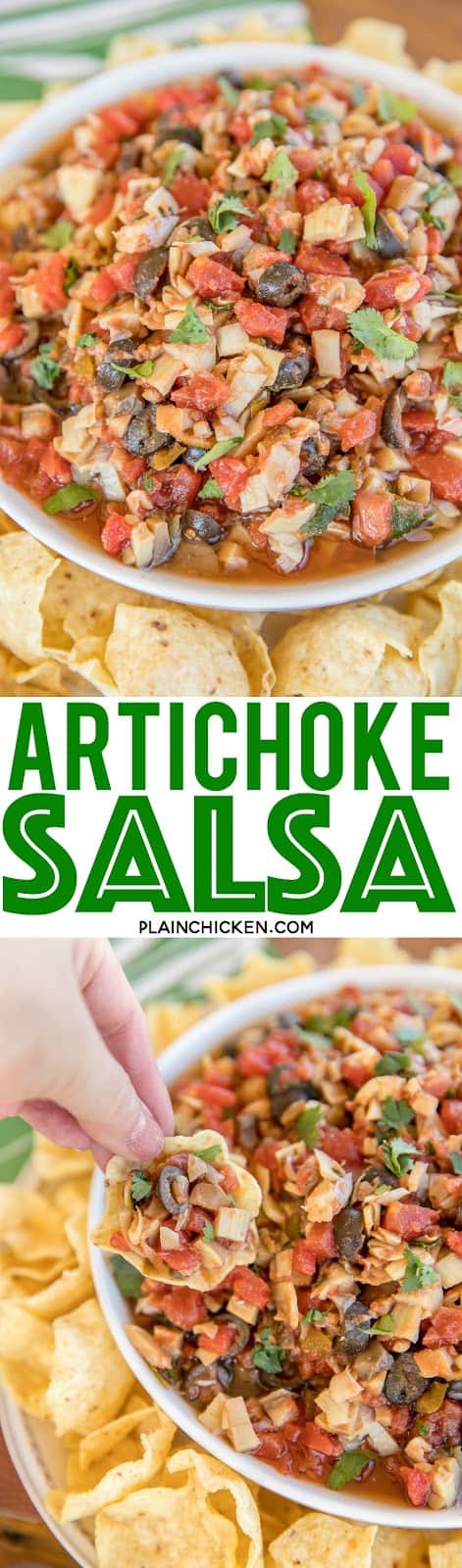 Artichoke Salsa - CRAZY good!! Artichokes, diced tomatoes and green chiles, mushrooms, black olives, red wine vinegar, cilantro, garlic slat and hot sauce. Serve with chips or spoon over grilled chicken. I took this to a dinner party and there were no leftovers! Everyone asked for the recipe!! A big hit! #salsa #veggies #dip #partyfood