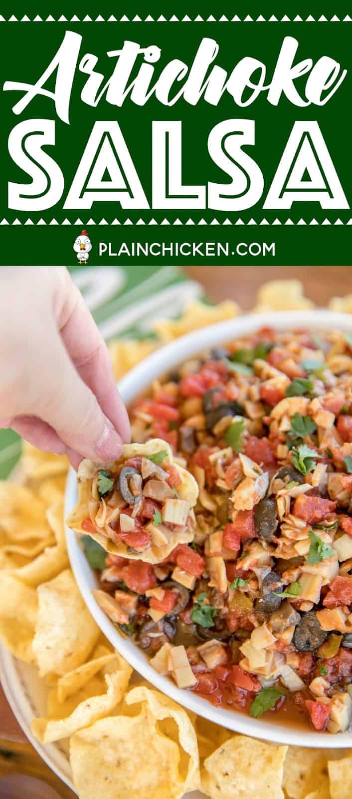 Artichoke Salsa - CRAZY good!! Artichokes, diced tomatoes and green chiles, mushrooms, black olives, red wine vinegar, cilantro, garlic slat and hot sauce. Serve with chips or spoon over grilled chicken. I took this to a dinner party and there were no leftovers! Everyone asked for the recipe!! A big hit! #salsa #veggies #dip #partyfood