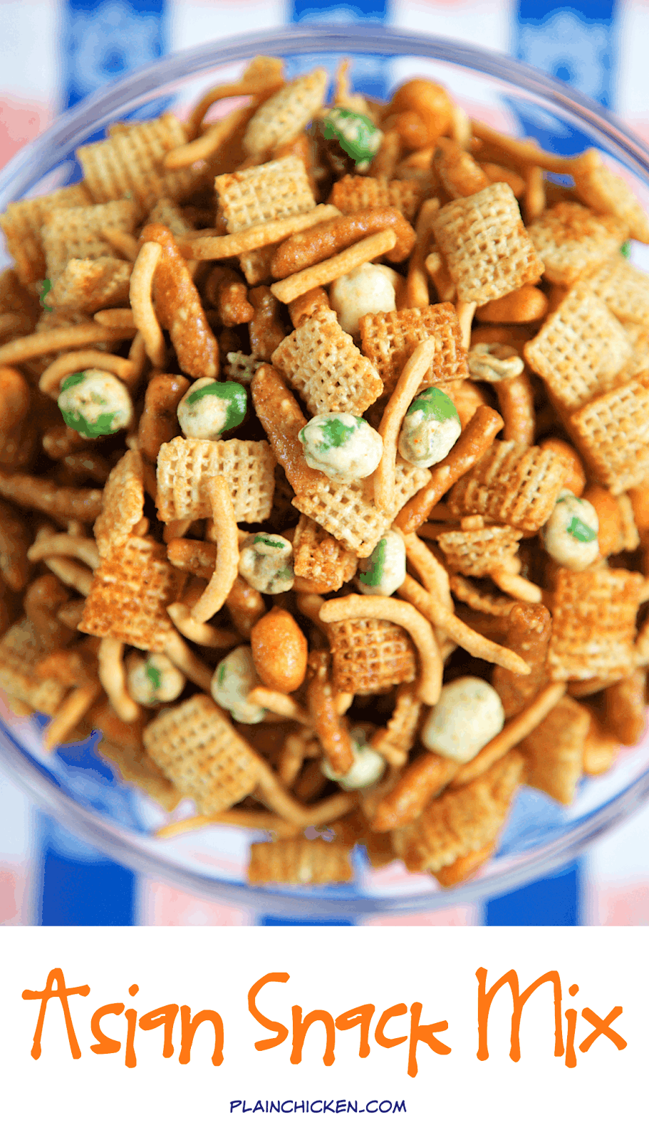 Asian Snack Mix - rice chex, sesame sticks, wasabi peas, chow mein noodles, honey roasted peanuts tossed in butter, soy sauce, ginger, garlic and cayenne - this stuff is crazy addictive! Can make ahead of time - it keeps for a week. Always the first thing to go at parties! Everyone asks for the recipe!