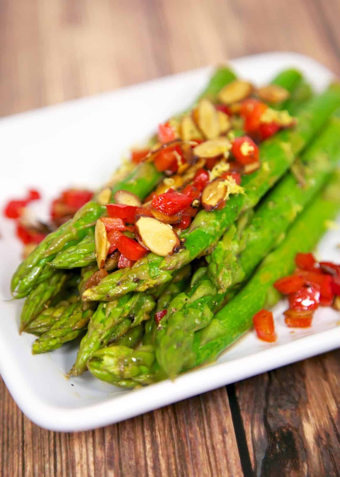 Asparagus Amandine - fresh asparagus, red bell pepper, almonds, butter and lemon juice. Ready in minutes!