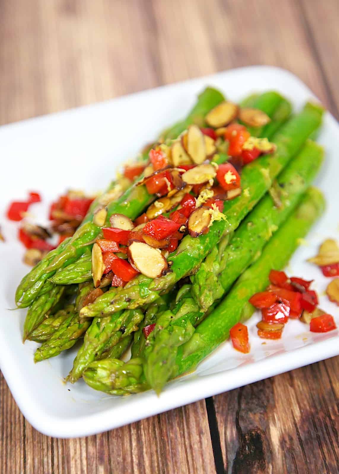 Asparagus Amandine - fresh asparagus, red bell pepper, almonds, butter and lemon juice. Ready in minutes!
