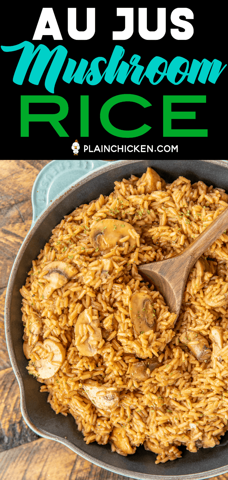 Au Jus Mushroom Rice - seriously delicious! Rice slow cooked in butter, onion, oregano, salt, pepper, beef broth, au jus gravy mix and mushrooms. I could make a meal out of this delicious rice!!! Ready to eat in under 30 minutes! Add some leftover steak, ground beef or pork for a quick main dish. #rice #beef #mushrooms