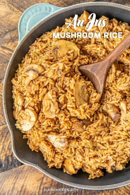 Au Jus Mushroom Rice - seriously delicious! Rice slow cooked in butter, onion, oregano, salt, pepper, beef broth, au jus gravy mix and mushrooms. I could make a meal out of this delicious rice!!! Ready to eat in under 30 minutes! Add some leftover steak, ground beef or pork for a quick main dish. #rice #beef #mushrooms