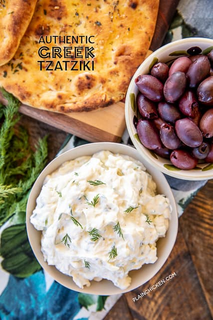 Authentic Greek Tzatziki - recipe from a Greek restaurant in Poros, Greece! SO simple and it tastes amazing! Goes great with lamb, pork, meatballs, gyros, chicken and bread. Greek yogurt, garlic, salt, pepper, cucumber and olive oil. Can make in advance and refrigerate 5 to 7 days. Great for a quick snack or parties! #greek #tzatziki #greekyogurt #dip