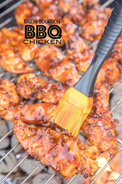 Bacon Bourbon BBQ Chicken - THE BEST chicken EVER! Chicken coated in a BBQ Bacon paste and brushed with Bourbon BBQ sauce. Chicken, bacon, bourbon, bbq sauce, salt, garlic powder, onion power, pepper, paprika, brown sugar. We made this twice in one week it was SO good. Even our picky eaters asked for seconds! Make this!! #grilling #chicken #grilledchicken #bacon