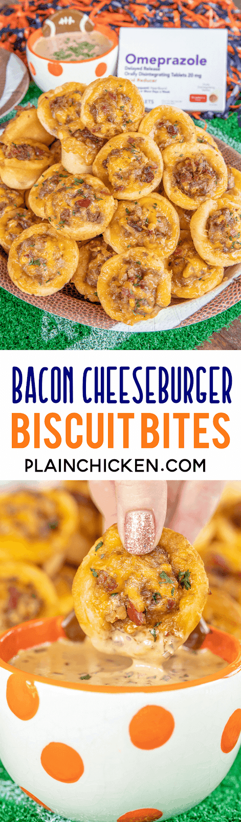 collage of two photos of bacon cheeseburger biscuit bites