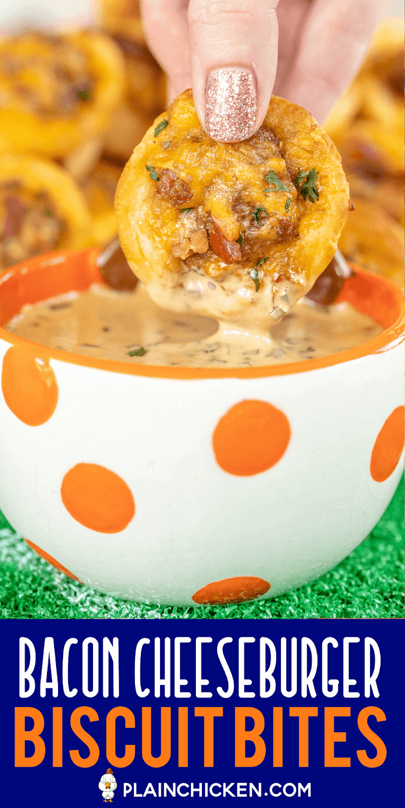 dipping bacon cheeseburger biscuit bites in pub sauce