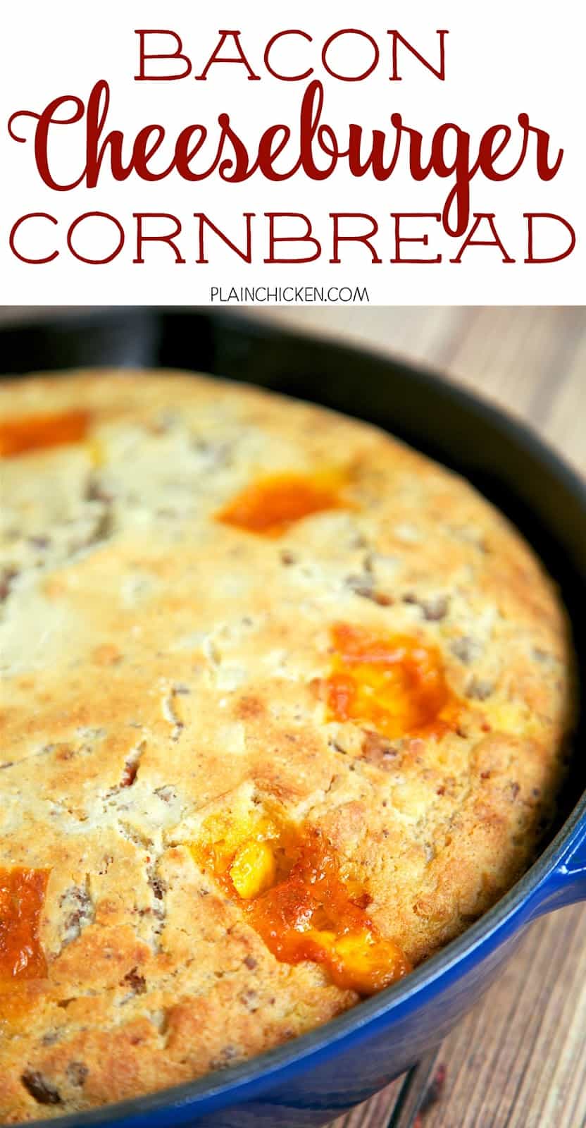 Bacon Cheeseburger Cornbread - comfort food at its best! Homemade Southern buttermilk cornbread loaded with hamburger meat, bacon and cheddar cheese. The chunks of ooey gooey melted cheese are the star of this dish! Serve with a salad for a quick and easy weeknight meal!! Also makes a great dish for a potluck.