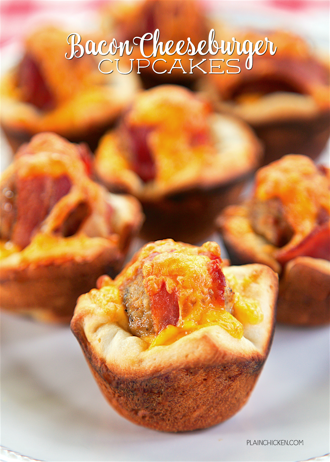 Bacon Cheeseburger Cupcakes - only 4 ingredients! Refrigerated pizza crust, frozen meatballs, precooked bacon and cheese. Ready in minutes! Great for a quick lunch, dinner or tailgating!! Everyone loves these! Can freeze leftovers for later.