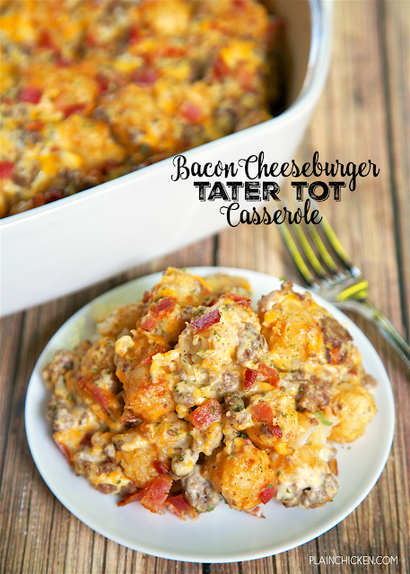 Bacon Cheeseburger Tater Tot Casserole - hamburger, bacon, cheese, cheese soup, sour cream and tater tots - what's not to love? We ate this twice in one day! Can be made ahead of time and refrigerated or frozen for later. You can also divide it between two 8x8-inch foil pans and freeze one. Great for a potluck and tailgating this fall!