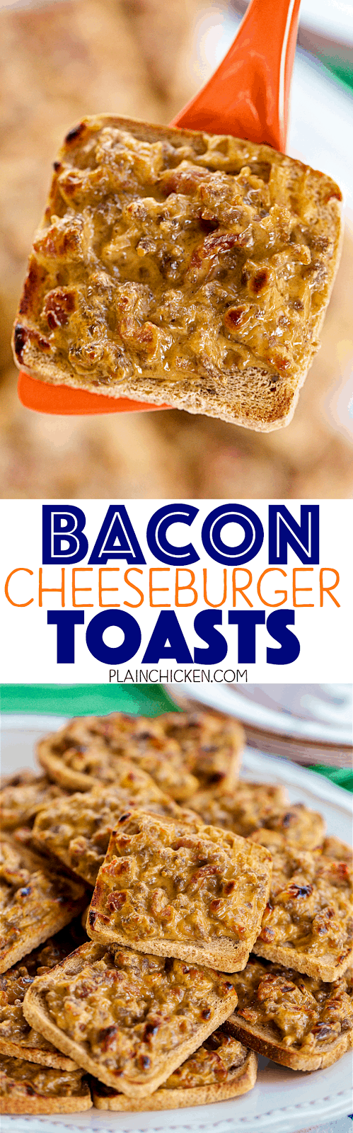 Bacon Cheeseburger Toasts - SO good!!! We love these for parties and a quick lunch or dinner. Only 5 ingredients and ready in minutes! Hamburger, bacon, worcestershire sauce and Velveeta cheese on top of party rye bread. YUM! Can make ahead and freeze for later. I always have a batch in the freezer. SO quick, easy and delicious!!! EVERYONE LOVES these!!!