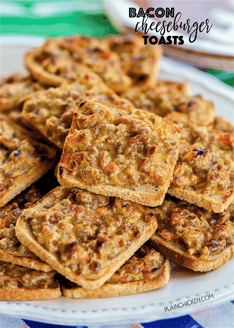 Bacon Cheeseburger Toasts - SO good!!! We love these for parties and a quick lunch or dinner. Only 5 ingredients and ready in minutes! Hamburger, bacon, worcestershire sauce and Velveeta cheese on top of party rye bread. YUM! Can make ahead and freeze for later. I always have a batch in the freezer. SO quick, easy and delicious!!! EVERYONE LOVES these!!!