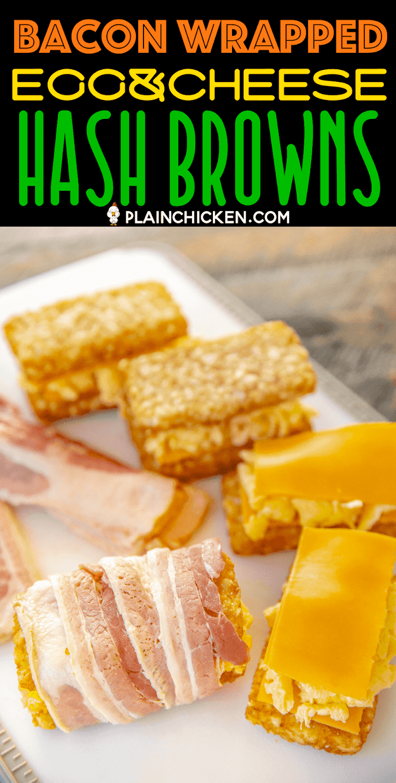 Bacon Wrapped Egg & Cheese Hash Browns - seriously DELICIOUS!!! Frozen hash brown patties stuffed with scrambled eggs and cheddar cheese and wrapped in bacon. Best breakfast EVER!!! Can make as many as you need at a time. Can assemble ahead of time and refrigerate or freeze for later. #breakfast #brunch #hashbrowns #bacon #baconeggcheese #freezermeal