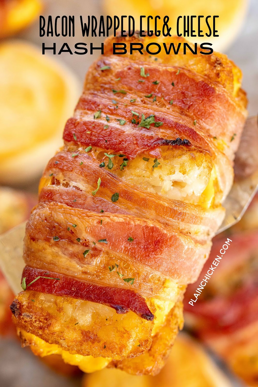 Bacon Wrapped Egg & Cheese Hash Browns - seriously DELICIOUS!!! Frozen hash brown patties stuffed with scrambled eggs and cheddar cheese and wrapped in bacon. Best breakfast EVER!!! Can make as many as you need at a time. Can assemble ahead of time and refrigerate or freeze for later. #breakfast #brunch #hashbrowns #bacon #baconeggcheese #freezermeal