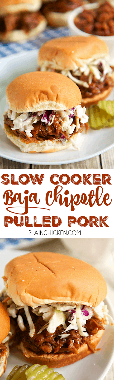 Slow Cooker Baja Chipotle Pulled Pork - only 4 ingredients! A little sweet and a little spicy. Cooks all day in the crock-pot. SO easy and it tastes AMAZING! Great for a crowd and tailgating! Serve as a sandwich, on a baked potato, over a salad or on top of nachos!