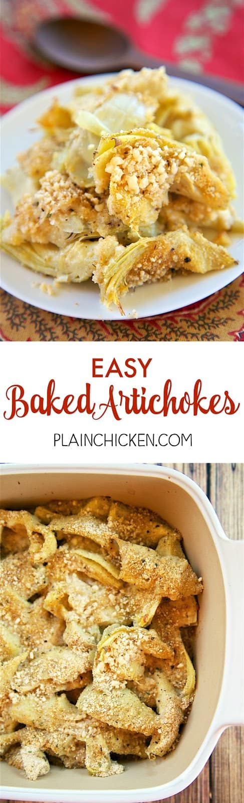Easy Baked Artichokes - SO good and SOOO easy!!! All the flavors of stuffed artichokes without all the work. Canned artichokes, olive oil, garlic, bread crumbs and parmesan cheese. Only takes a minute to make! Great with steak, chicken pork and even pasta! LOVE quick and easy side dish recipes!