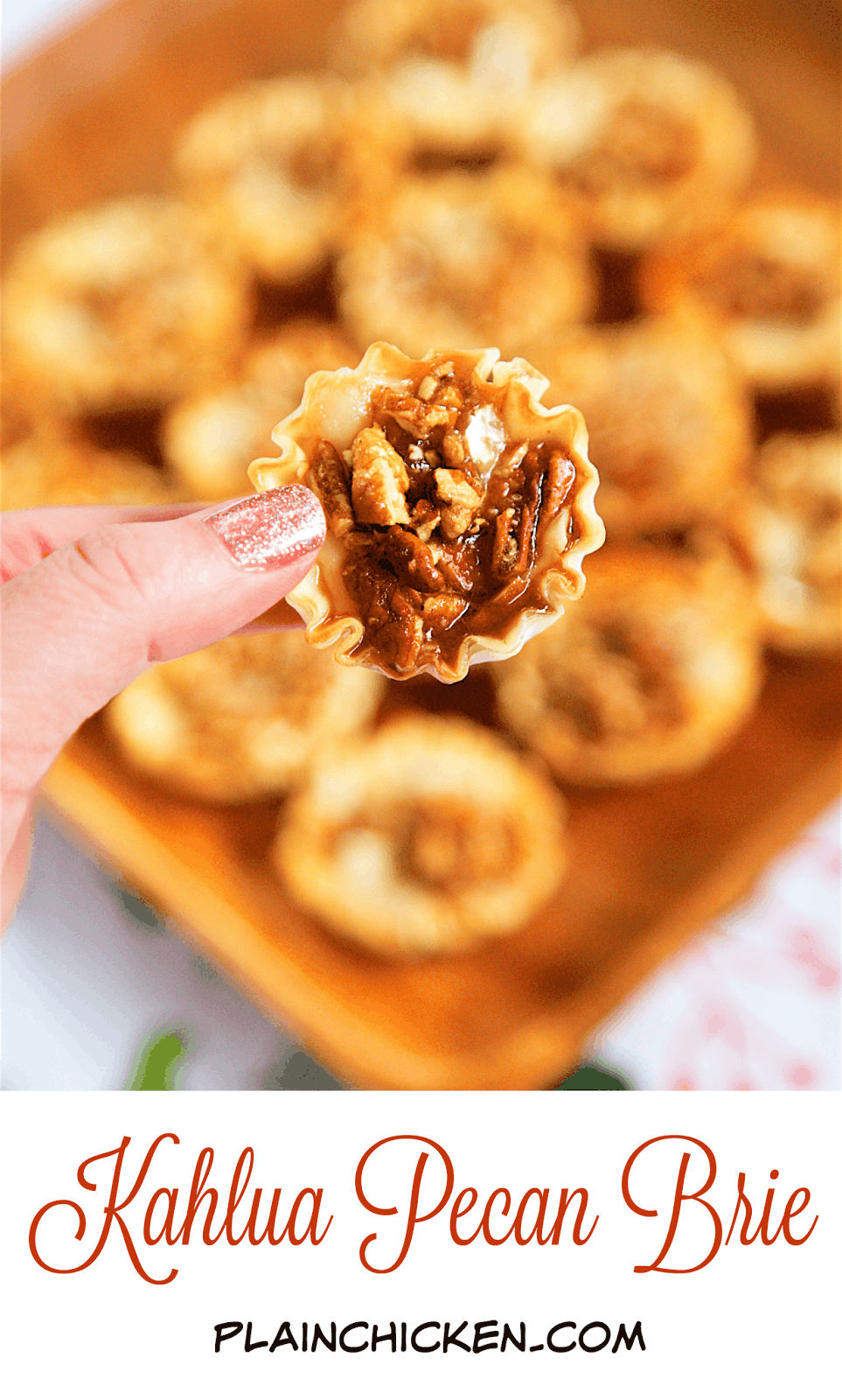 Kahlua Pecan Brie Bites - only 5 ingredients! Can assemble ahead of time and refrigerate until ready to bake. Perfect party food!