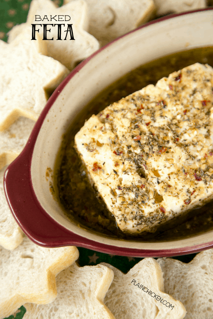 Baked Feta - feta marinated in olive oil, red pepper flakes, lemon zest, garlic, pepper, oregano and baked. SO easy and SOOOO delicious! Great for parties! Serve with french bread slices or pita chips.