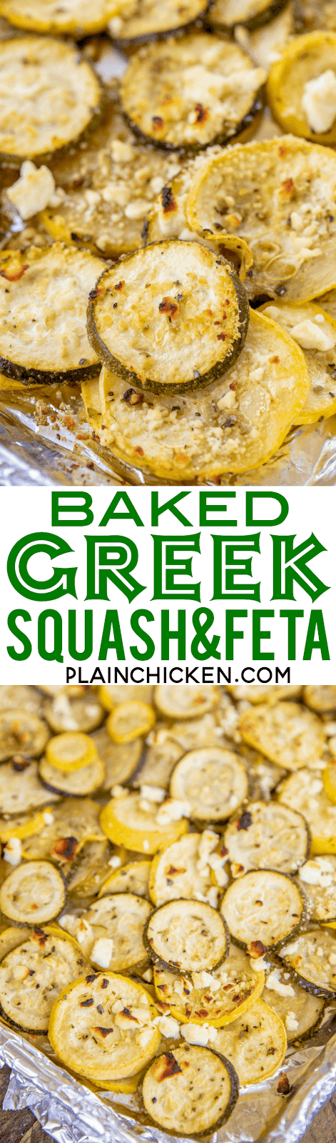 Baked Greek Squash and Feta Recipe - simple side dish that tastes delicious! Ready for the oven in minutes. Great with grilled chicken, pork, steak and even pasta! Yellow squash, zucchini, olive oil, Greek seasoning and feta. We make this all the time! YUM! #vegetables #squash #sidedish 
