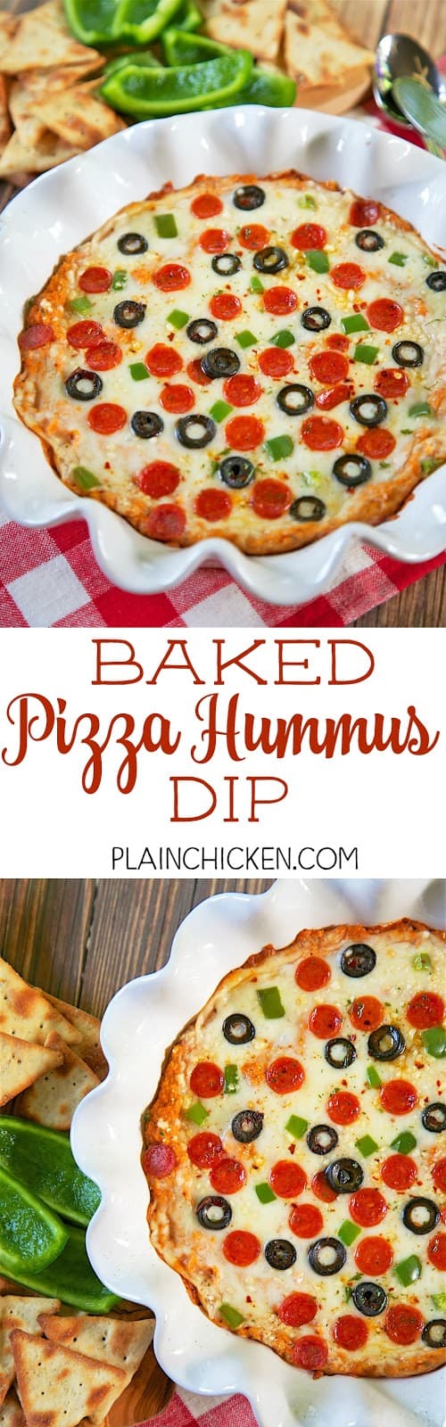 Baked Pizza Hummus Dip - quick homemade pizza hummus topped with mozzarella, parmesan and your favorite pizza toppings. Start with garbanzo beans and a pouch of Bush's Classic Hummus Made Easy, add tomato paste, garlic, Italian Seasoning and parmesan cheese. Bake for 15 minutes. Serve with bell pepper slices and pita chips. Great for a quick party appetizer or alternative for pizza night!