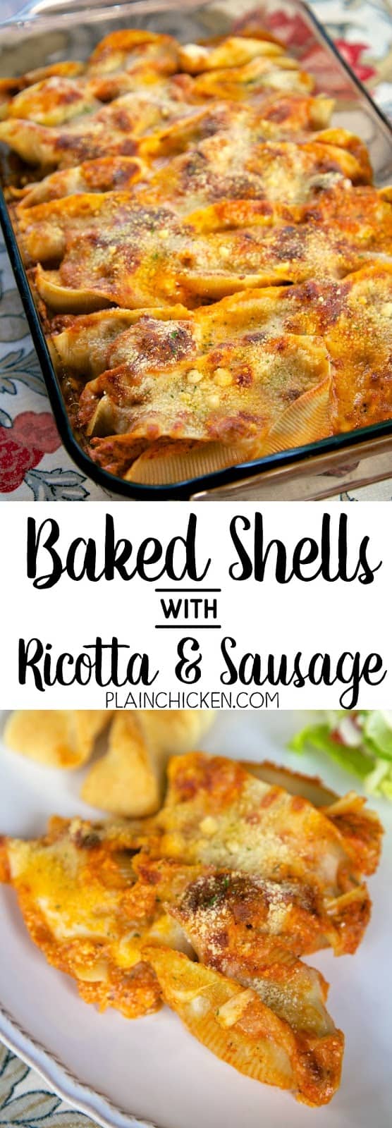 Baked Shells with Ricotta and Sausage Recipe - THE BEST baked shells!! Only a few simple ingredients - jumbo pasta shells, Italian sausage, spaghetti sauce, ricotta and parmesan. Can make ahead and freeze for later. Leftover are awesome. We ate this 3 days in a row. I was so sad when it was gone! Make this!