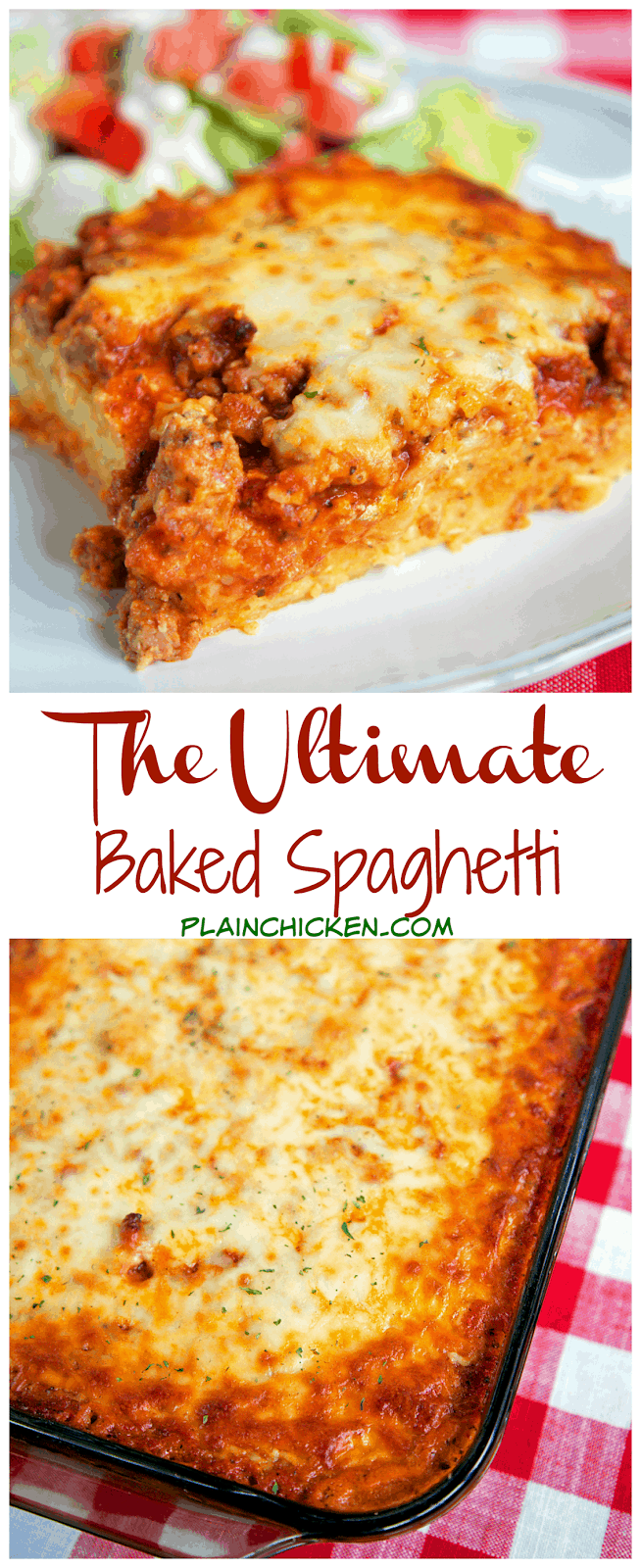 The Ultimate Baked Spaghetti - cheesy spaghetti topped with Italian seasoned cream cheese, meat sauce and mozzarella cheese - SOOOO good! Makes a great freezer meal too! We ate this two days in a row!