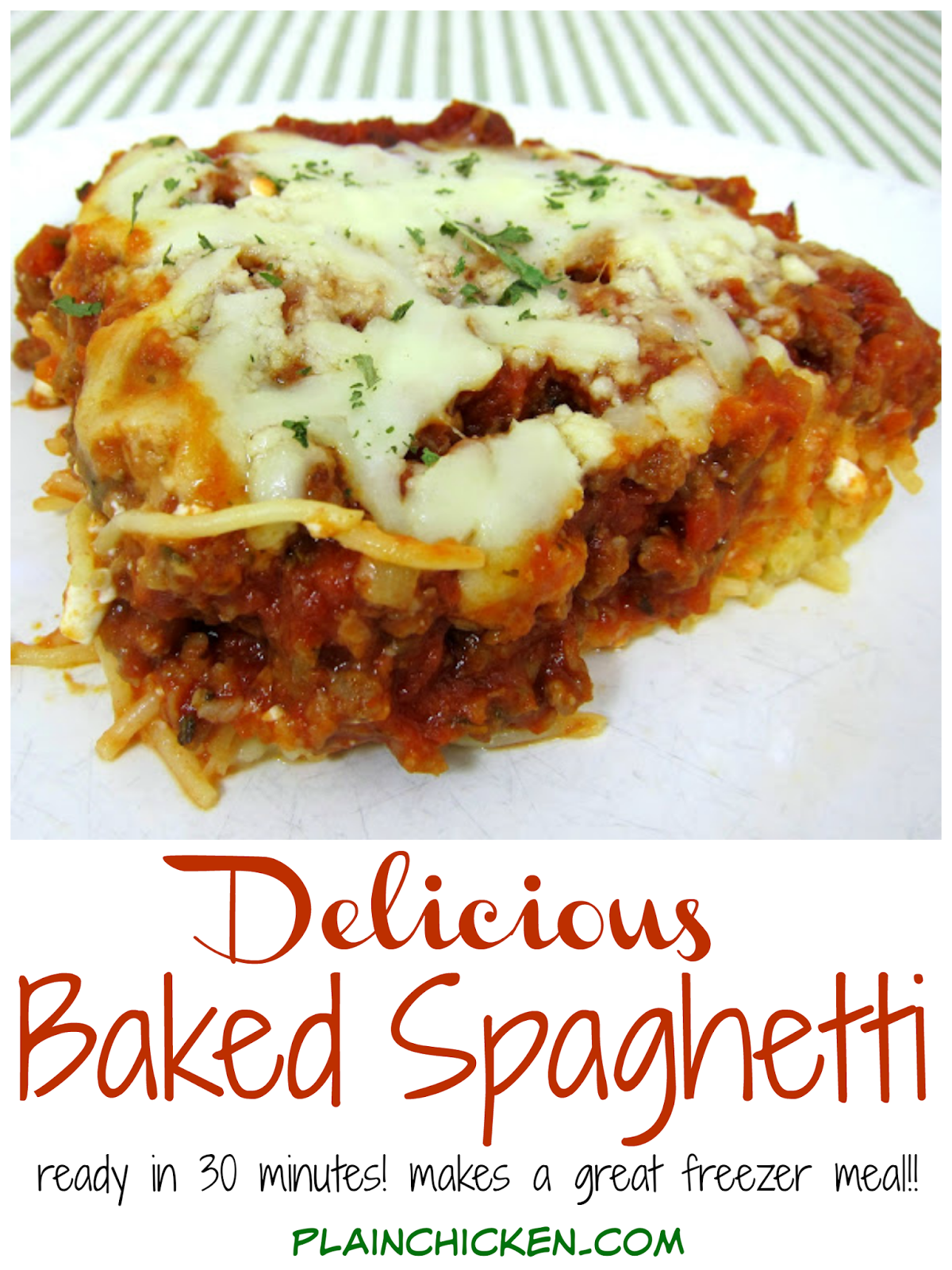 Delicious Baked Spaghetti Casserole - spaghetti, egg, parmesan, cottage cheese, sausage/hamburger, crushed tomatoes, tomato paste, spices and mozzarella - SOOO good! Baked pasta topped with a quick homemade sauce. Makes a great freezer meal!