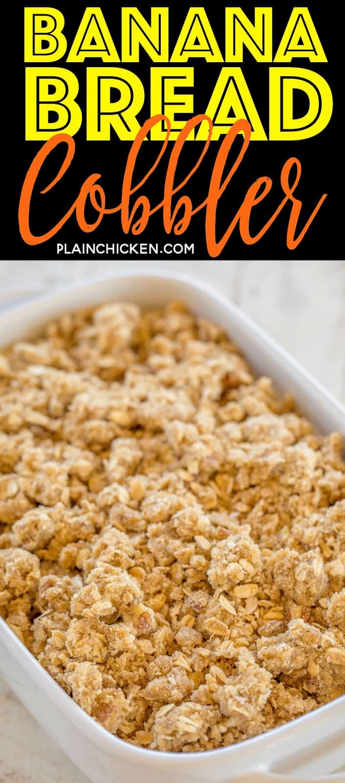 Banana Bread Cobbler - this is amazing!! SOOO much better than regular banana bread. The streusel topping makes this yummy dessert!! Self-rising flour, sugar, milk, butter, bananas, brown sugar, oatmeal and pecans. Top with vanilla ice cream and caramel sauce! This is lick-the-plate delicious!!! #bananabread #cobbler #dessert #dessertrecipe