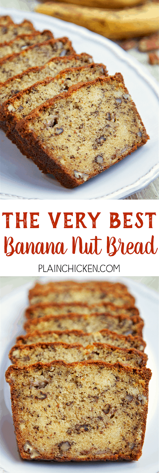 The Very Best Banana Nut Bread - CRAZY good! butter, sugar, eggs, flour, baking soda, buttermilk, ripe bananas and pecans - SO easy to make. Tastes amazing. Great for breakfast or an afternoon snack.
