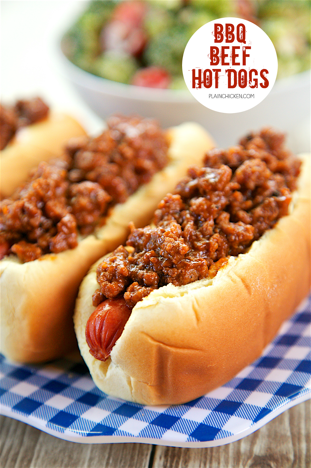 BBQ Beef Hot Dogs - only 4 ingredients! Hamburger, BBQ sauce, hot dogs and buns. SO easy and SO delicious! Top with cheese and fried onions if desired. The whole family loved these. Great for cookouts and tailgates!