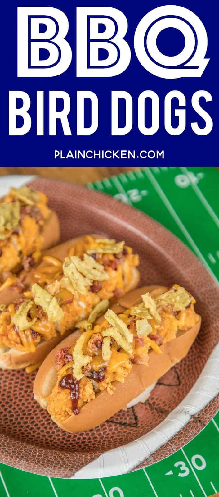BBQ Bird Dogs  - chicken fingers, bacon, cheese, BBQ sauce and fried jalapeños - perfect tailgating food! Easy to assemble in the parking lot! We also love to eat these for a quick lunch or dinner. #chicken #tailgatingrecipe #easychickenrecipe #chickenrecipe #chickenfingers #bbq