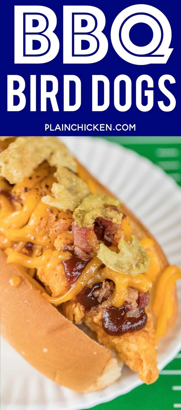 BBQ Bird Dogs  - chicken fingers, bacon, cheese, BBQ sauce and fried jalapeños - perfect tailgating food! Easy to assemble in the parking lot! We also love to eat these for a quick lunch or dinner. #chicken #tailgatingrecipe #easychickenrecipe #chickenrecipe #chickenfingers #bbq