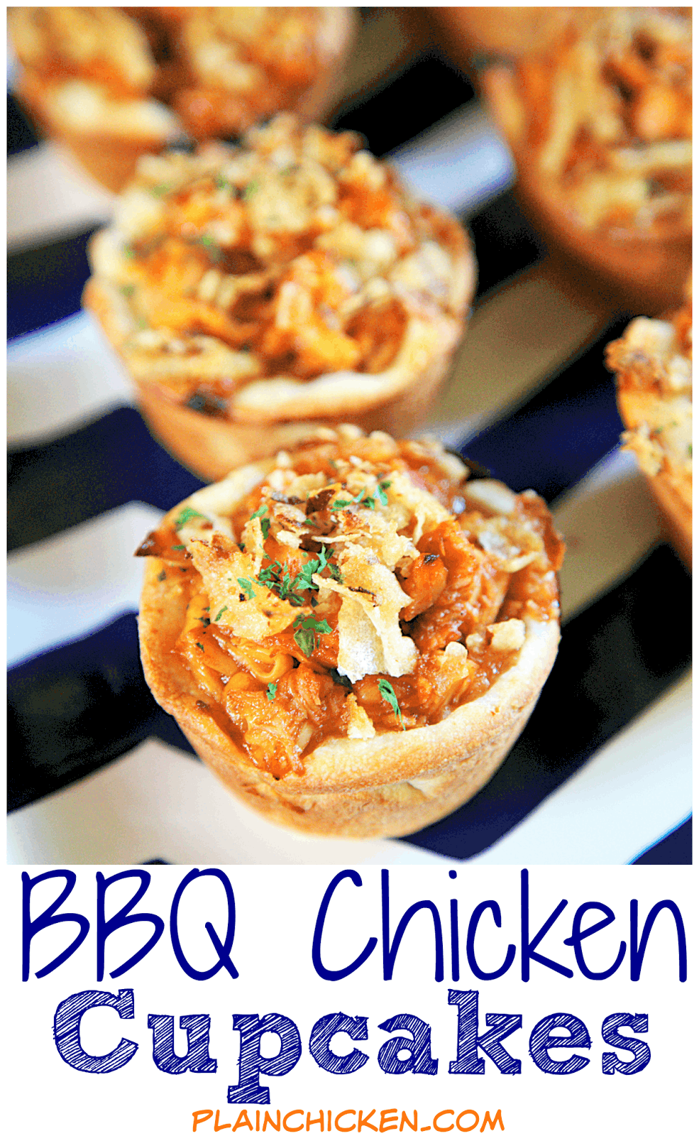 BBQ Chicken Cupcakes - chicken, bbq sauce, cheese, refrigerated pizza dough baked in a muffin pan and topped with French fried onions. So simple and SO delicious! Great for tailgating or a quick lunch/dinner. Can swap chicken for leftover holiday turkey.