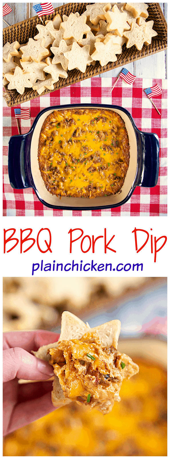 BBQ Pork Dip - THE BEST! I could make a meal out of this dip! Pork, cream cheese, Ranch, BBQ sauce, cheddar cheese and green onions. YUM! You can make this dip ahead of time and refrigerate until you are ready to bake. Perfect for bringing to a party!