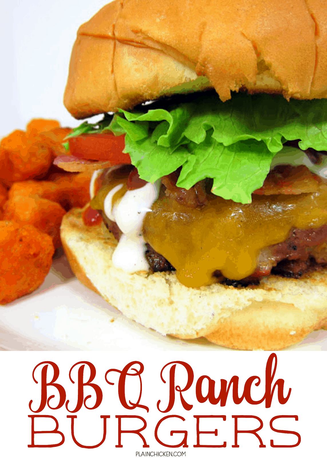 BBQ Ranch Burgers - hamburgers with cheese, bbq sauce and ranch dressing mixed in the patties. Top with cheddar cheese, bacon, and more BBQ sauce and Ranch dressing. SOOO good! Double the batch and freeze extra for a quick meal later! Our go-to burger recipe!