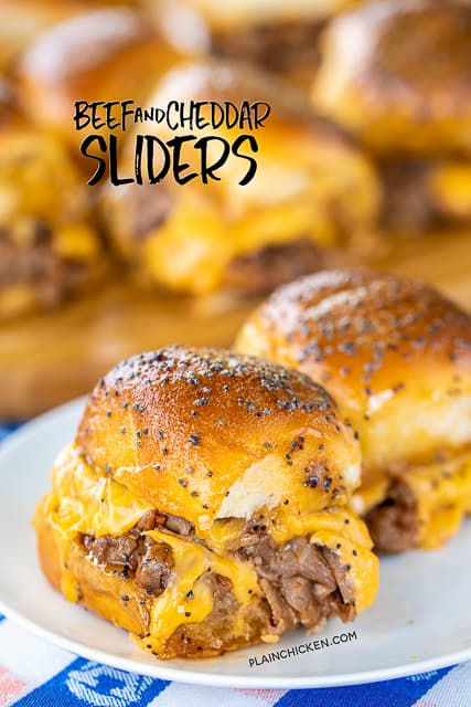 Beef & Cheddar Sliders - perfect for watching football, parties or a quick lunch and dinner. Seriously delicious!!  Hawaiian rolls, deli roast beef, bbq sauce, cheddar cheese, butter, dijon mustard, worcestershire, brown sugar and poppy seeds. Can assemble ahead of time and bake when ready to serve. You might want to double the recipe - these don't last long in our house! #sliders #superbowl #tailgating 