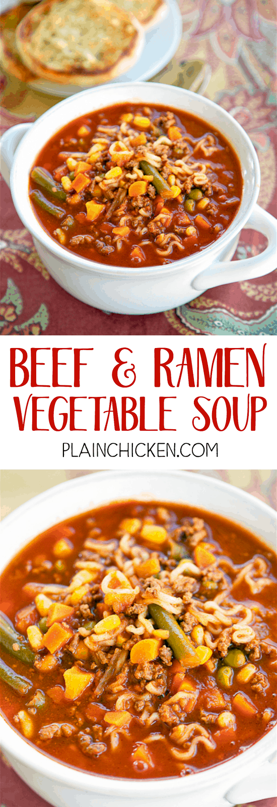 Beef and Ramen Vegetable Soup - only 5 ingredients and ready in under 20 minutes! Ground beef, V-8 Vegetable Juice, Onion Soup Mix, Beef Ramen Noodles and Mixed Vegetables. SOOO good! Everyone loved this soup and went back for seconds. Great for a crowd!