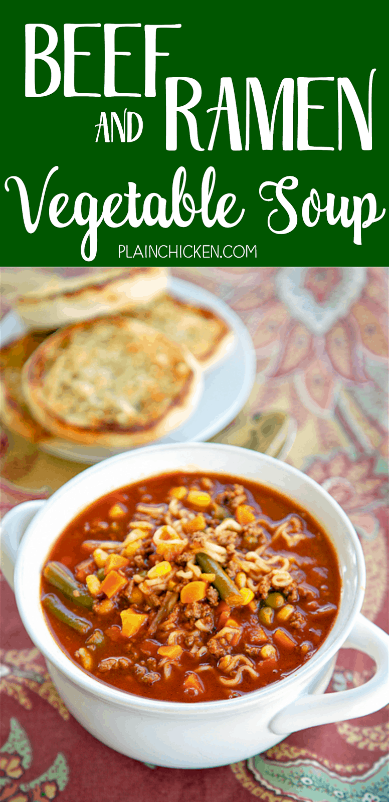 Beef and Ramen Vegetable Soup - only 5 ingredients and ready in under 20 minutes! Ground beef, V-8 Vegetable Juice, Onion Soup Mix, Beef Ramen Noodles and Mixed Vegetables. SOOO good! Everyone loved this soup and went back for seconds. Great for a crowd!