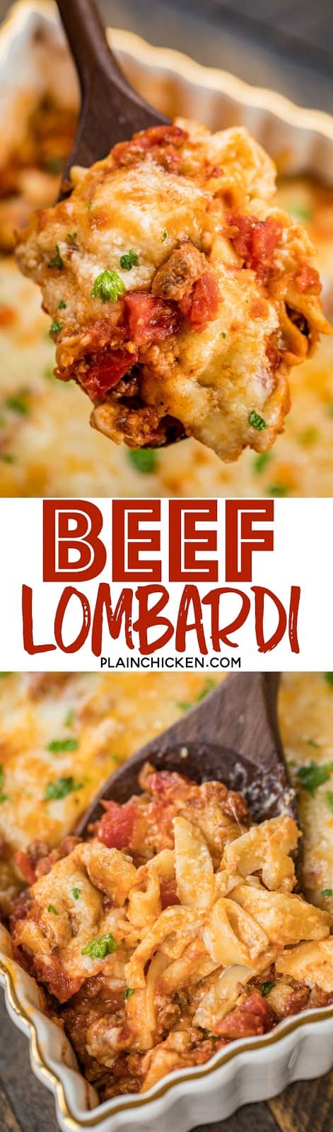 Beef Lombardi Casserole - comfort food at its best! SO easy! Can be made ahead and frozen for up to a month. Ground beef, tomatoes, diced tomatoes and green chiles, tomato paste, egg noodles, sour cream cheddar, parmesan and mozzarella. Everyone cleaned their plate! Dinner success!! #freezermeal #casserole #easydinnerrecipe