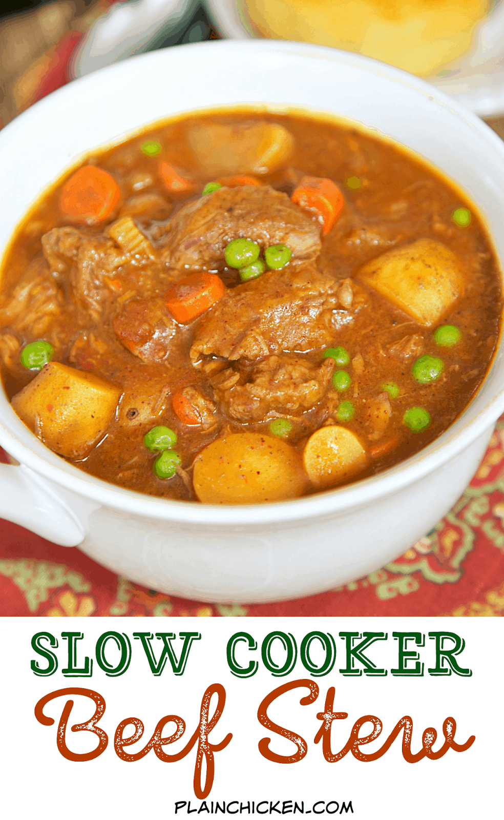 Slow Cooker Beef Stew - beef, potatoes, carrots, green peas, tomatoes, celery, chili powder, brown gravy mix, beef broth. Comfort food at its best! So easy and SO good. Everyone gobbled this up - even the kids!! Serve with some biscuits or cornbread for a complete meal!