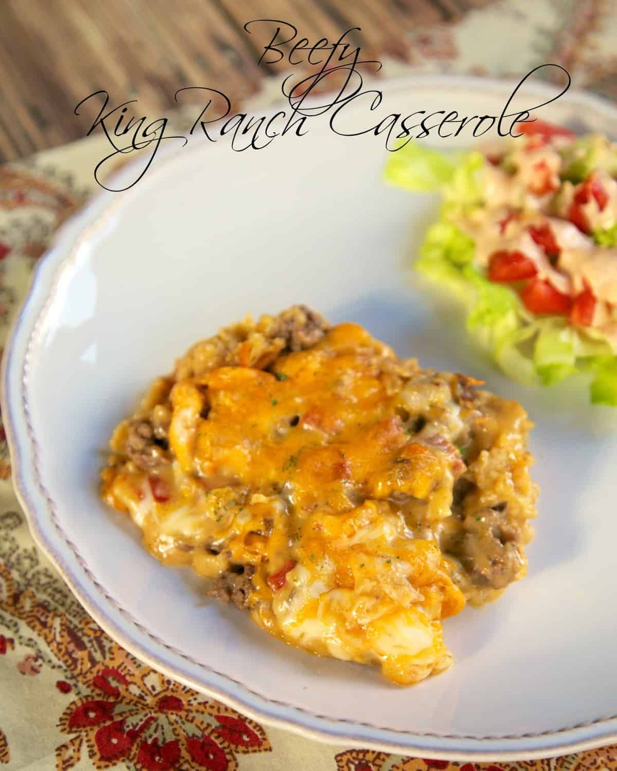 Beefy King Ranch Casserole - tortilla chips, Rotel, meat & cheese = DELICIOUS! The whole family cleaned their plates! Hamburger, taco seasoning, cream of chicken, cream of mushroom, onion, Rotel, Cheez Whiz, hot sauce, worcestershire, tortilla chips, cheddar and mozzarella cheese. Can make ahead of time and refrigerate or freeze. Ready in about 30 minutes. SO delicious!