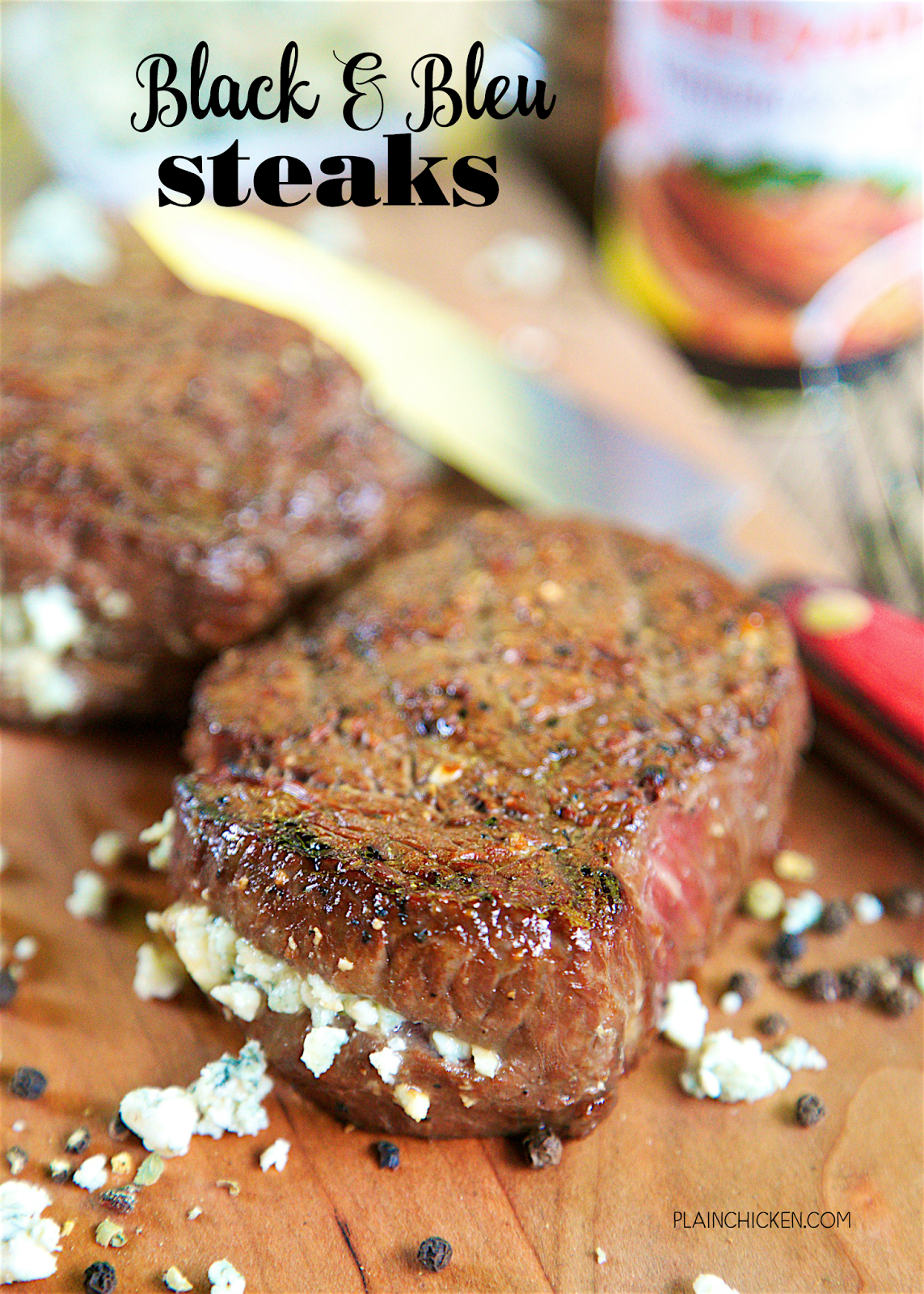 Black and Bleu Steaks - only 4 ingredients to the best steak you've ever eaten! Kikkoman Teriyaki Marinade & Sauce, Worcestershire sauce, black pepper and bleu cheese. Let the steaks marinate all day. Made these for a dinner party and everyone cleaned their plate. CRAZY good! Better than any steakhouse!